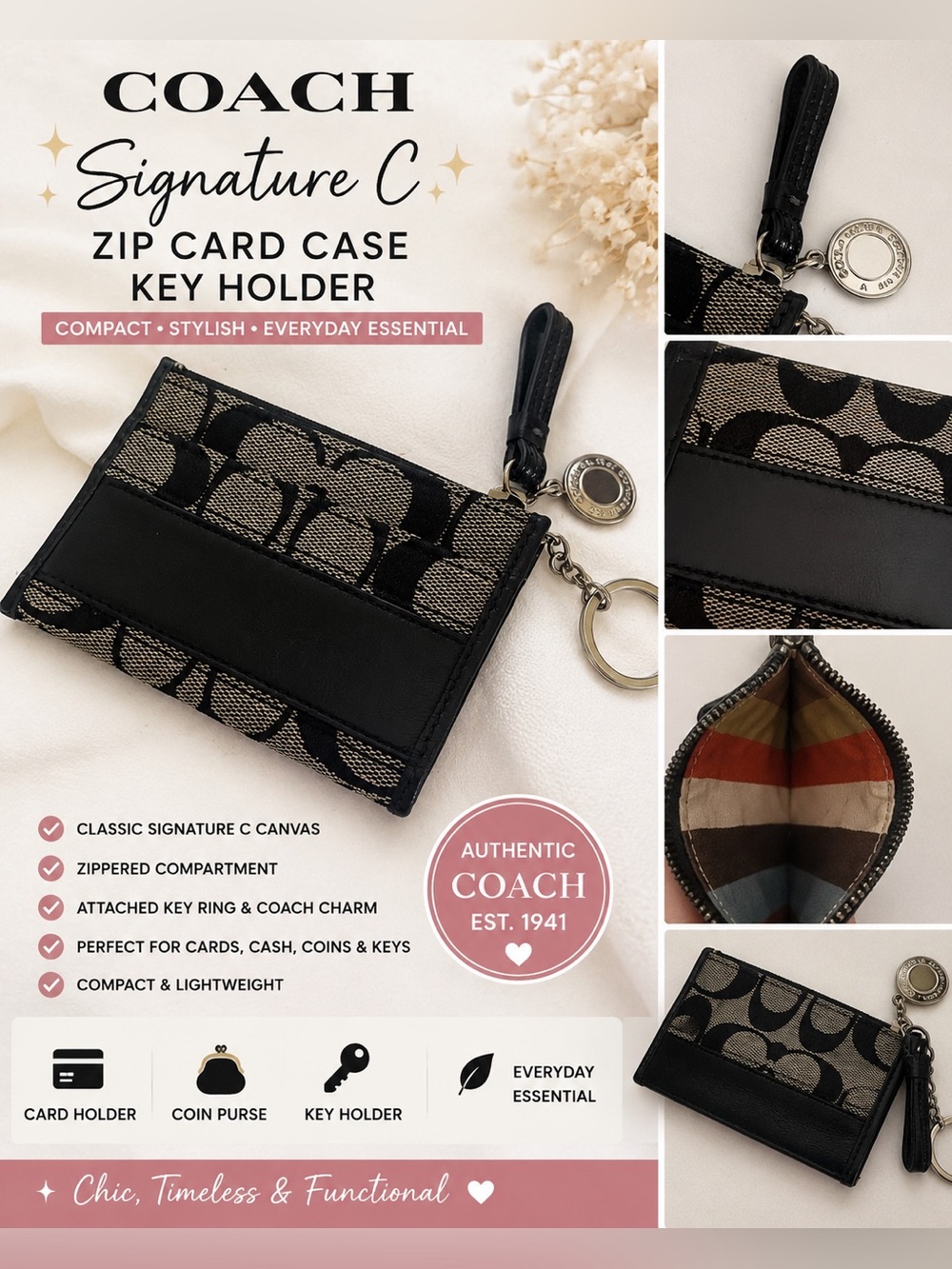 Coach Signature C Canvas Zip Card Case Key Holder Coin Purse Black Khaki